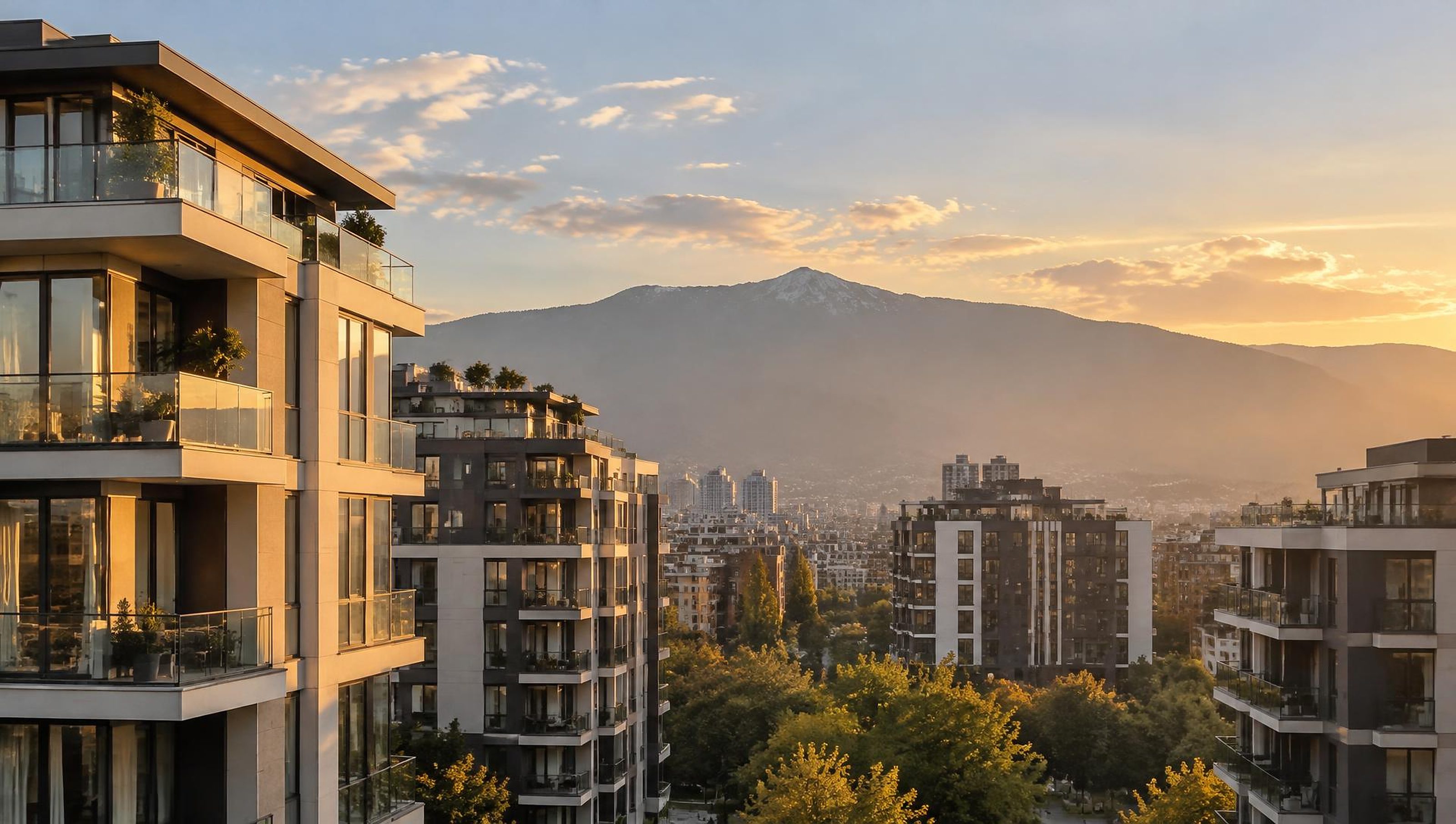 Modern Sofia architecture with Vitosha mountain at golden hour
